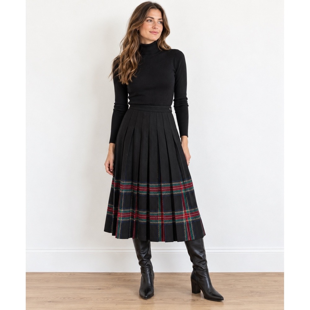 Vintage Petite Pendleton Black Stewart Tartan Pleated Wool Midi Skirt USA Preppy